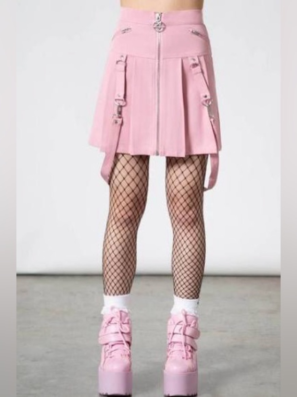Killstar Pink Pleated Mini Skirt with Zip & Strap Hardware - Picture 8 of 9